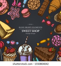 Design on dark background with cinnamon, macaron, lollipop, bar, candies, oranges, buns and bread, croissants and bread, strawberry, milk boxes, smoothie cup, lollipop, smothie jars, cheesecake