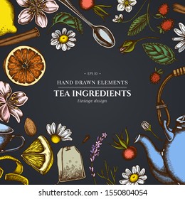 Design on dark background with cinnamon, lemons, oranges, tea bag, sugar cubes, heather, chamomile, dog rose, peppermint, almond, strawberry, teaspoon, teapots, cups and sugar bowl