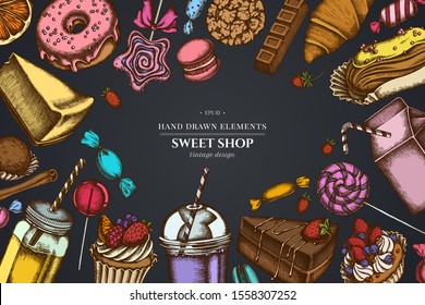 Design on dark background with cinnamon, macaron, lollipop, bar, candies, oranges, buns and bread, croissants and bread, strawberry, milk boxes, smoothie cup, lollipop, smothie jars, cheesecake