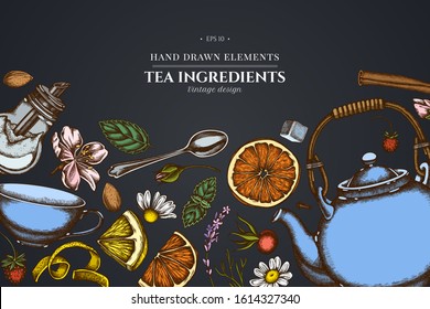 Design on dark background with cinnamon, lemons, oranges, tea bag, sugar cubes, heather, chamomile, dog rose, peppermint, almond, strawberry, teaspoon, teapots, cups, sugar bowl