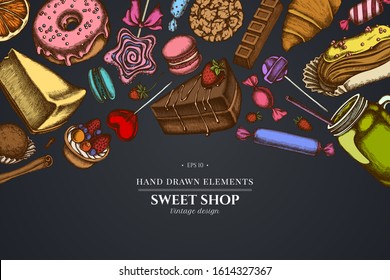 Design on dark background with cinnamon, macaron, lollipop, bar, candies, oranges, buns and bread, croissants and bread, strawberry, milk boxes, smoothie cup, lollipop, smothie jars, cheesecake