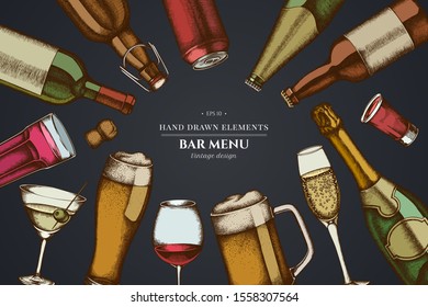 Design on dark background with glass, champagne, mug of beer, alcohol shot, bottles of beer, bottle of wine, glass of champagne, glass of wine, glass of martini, aluminum can