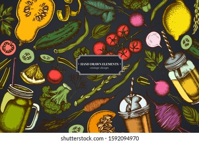 Design on dark background with lemons, broccoli, radish, green beans, cherry tomatoes, beet, greenery, carrot, basil, pumpkin, smoothie cup, smothie jars, cucumber, celery