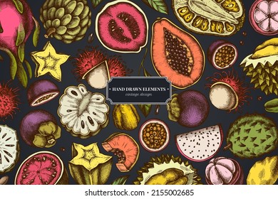 Design on dark background with papaya, guava, passion fruit, starfruit, durian, rambutan, pitaya, jackfruit, sugar-apple, soursop, mangosteen