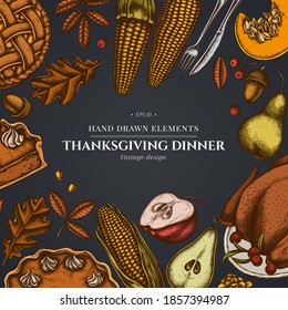 Design on dark background with pumpkin, fork, knife, pears, turkey, pumpkin pie, apple pie, corn, apples, rowan, maple, oak