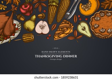 Design on dark background with pumpkin, fork, knife, pears, turkey, pumpkin pie, apple pie, corn, apples, rowan, maple, oak