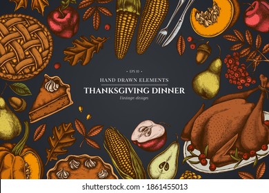 Design on dark background with pumpkin, fork, knife, pears, turkey, pumpkin pie, apple pie, corn, apples, rowan, maple, oak