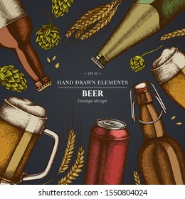 Design on dark background with rye, hop, mug of beer, bottles of beer and aluminum can