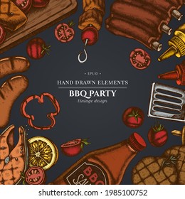 Design on dark background with spatula, Pork ribs, kebab, sausages, steak, sauce bottles, grilled burger patties, grilled tomato, grilled salmon steak, grilled bell pepper