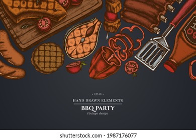 Design on dark background with spatula, Pork ribs, kebab, sausages, steak, sauce bottles, grilled burger patties, grilled tomato, grilled salmon steak, grilled bell pepper
