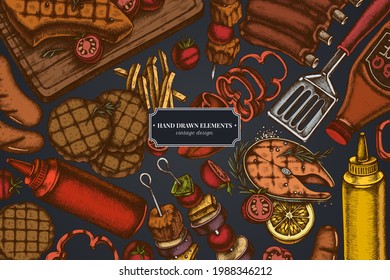 Design on dark background with spatula, Pork ribs, kebab, sausages, steak, sauce bottles, grilled burger patties, grilled tomato, grilled salmon steak, grilled bell pepper
