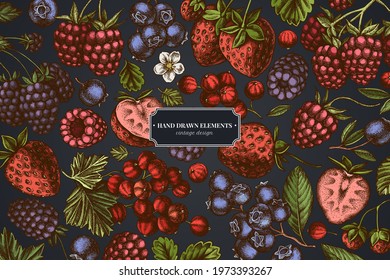Design on dark background with strawberry, blueberry, red currant, raspberry, blackberry