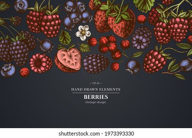 Design on dark background with strawberry, blueberry, red currant, raspberry, blackberry