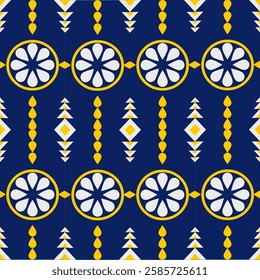 The design on the screen features a dark blue background with a repeating pattern of yellow and white elements. There are diamond shapes, teardrop shapes, and a central circular motif.