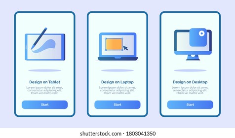 Diseño de tableta en diseño de laptop en escritorio para aplicaciones móviles plantilla interfaz de usuario de banner page con tres variaciones estilo de contorno plano moderno.