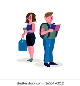 Design on young adult couple of travelers. Boy and girl traveling together. Heterosexual couple isolated on white background. Stock vector illustration