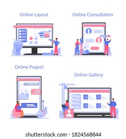 Design online service or platform set. Graphic, web, printing design. Digital drawing with electronic tools and equipment. Online layout, gallery, consultation, project. Flat illustration vector