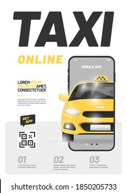 Design for online taxi advertising. Vector layout with taxi car. Adapt for poster, flyer, banner or social media.