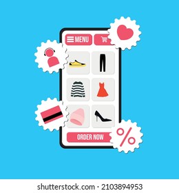 Design of online-store. Smartphone with order, credit card, discount, goods.