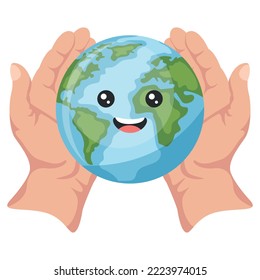 Design of open hands holding planet earth cartoon for earth day, national pollution prevention day, world environment day. Concept of prevention against environmental pollution and care of our planet