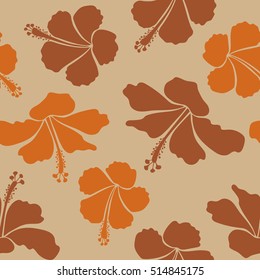 Design in orange, brown and beige colors for invitation, wedding or greeting cards, textile, prints or fabric. Vector hibiscus floral pattern. Floral hibiscus flowers, watercolor hand drawing style.