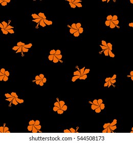 Design in orange colors for invitation, wedding or greeting cards. Vector hibiscus floral pattern. Floral seamless pattern with hibiscus flowers, watercolor hand drawing style on black background.