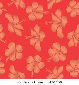 Design in orange and red colors for wedding or greeting cards, textile, prints or fabric. Watercolor hand drawing style. Floral seamless pattern hibiscus flowers. Vector hibiscus floral pattern.