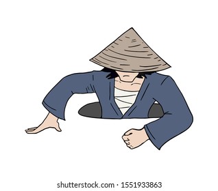design of oriental man with kasa hat draw
