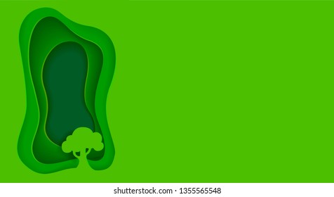 Design origami business presentations, flyers or posters. Abstract green background with trees in paper style. Carving art, ecology and natural.Vector