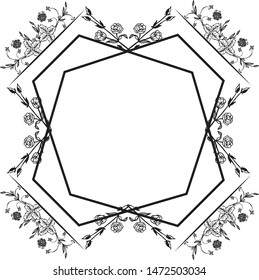 Design ornament floral frame, pattern black and white, template of card. Vector