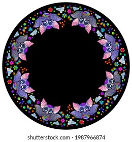 Design of an ornament for a round product with bats and flowers, animals on a dark background