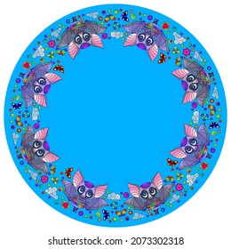 Design of an ornament for a round product with bats and flowers, animals on a blue background