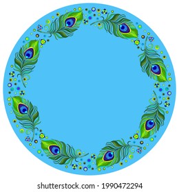 Design ornament for round product, bright feather and flowers in the style of stained glass on a blue background
