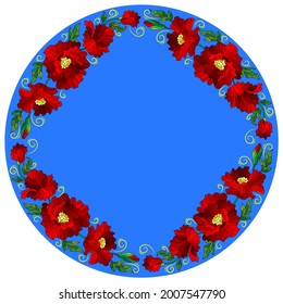 Design ornament for round product, bright red puppy flowers in the style of stained glass on a blue background