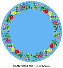 Design ornament for round product, bright flowers in the style of stained glass on a blue background