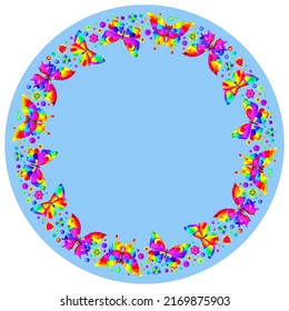 Design ornament for round product, bright flowers and butterflies in the style of stained glass on a blue background