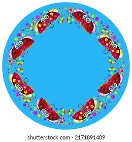Design ornament for round product, bright flowers and ladybugs in the style of stained glass on a blue background