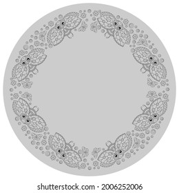 Design ornament for round product, contour flowers and ladybugs in the style of stained glass style, dark outlines on a light background