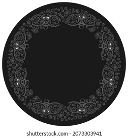 Design ornament for round product, contour flowers and ladybugs in the style of stained glass style, dark outlines on a light background