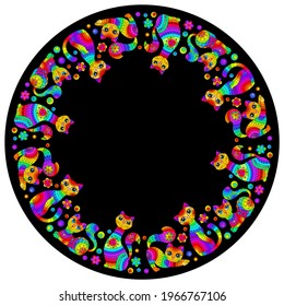 Design ornament for round product, cute cartoon cats in the style of stained glass on a dark background