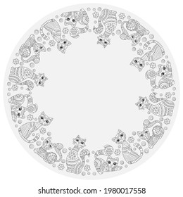 Design ornament for round product, cute cartoon contour cats in the style of stained glass on a light background