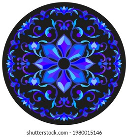 Design ornament for round product, flowers in the style of stained glass on a dark background,tone, blue