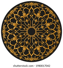 Design ornament for round product, flowers in the style of stained glass on a dark background