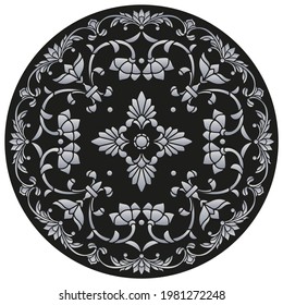 Design ornament for round product, flowers in the style of stained glass on a dark background