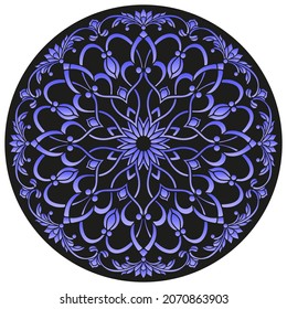 Design ornament for round product, flowers in the style of stained glass on a dark background