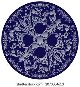 Ornamento de diseño para productos redondos, flores al estilo de vidrios manchados sobre un fondo azul oscuro