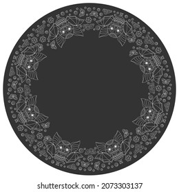 Design of an ornament for a round product with light contour bats and flowers,outline animals on a dark  background