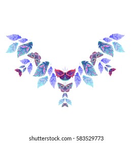 Design for ornaments,Textile texture, prints, embroidery. Abstract feathers or leaves and butterflies. Feathers and butterflies on white background. Vector decorative elements hippie, isolated objects