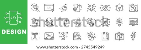 Design outline icon set featuring UI UX interface, prototype, coding, branding, creativity and digital product development symbols editable stroke line design
