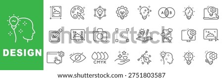 Design outline icon set featuring UI UX interface, branding, typography, CMYK palette, creative tools and digital product development symbols editable stroke line design
